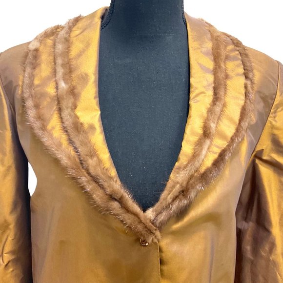 Fur Trimmed Taffeta Blouse 90s Y2K Dark Gold V-Neckline Button Front - Picture 3 of 6